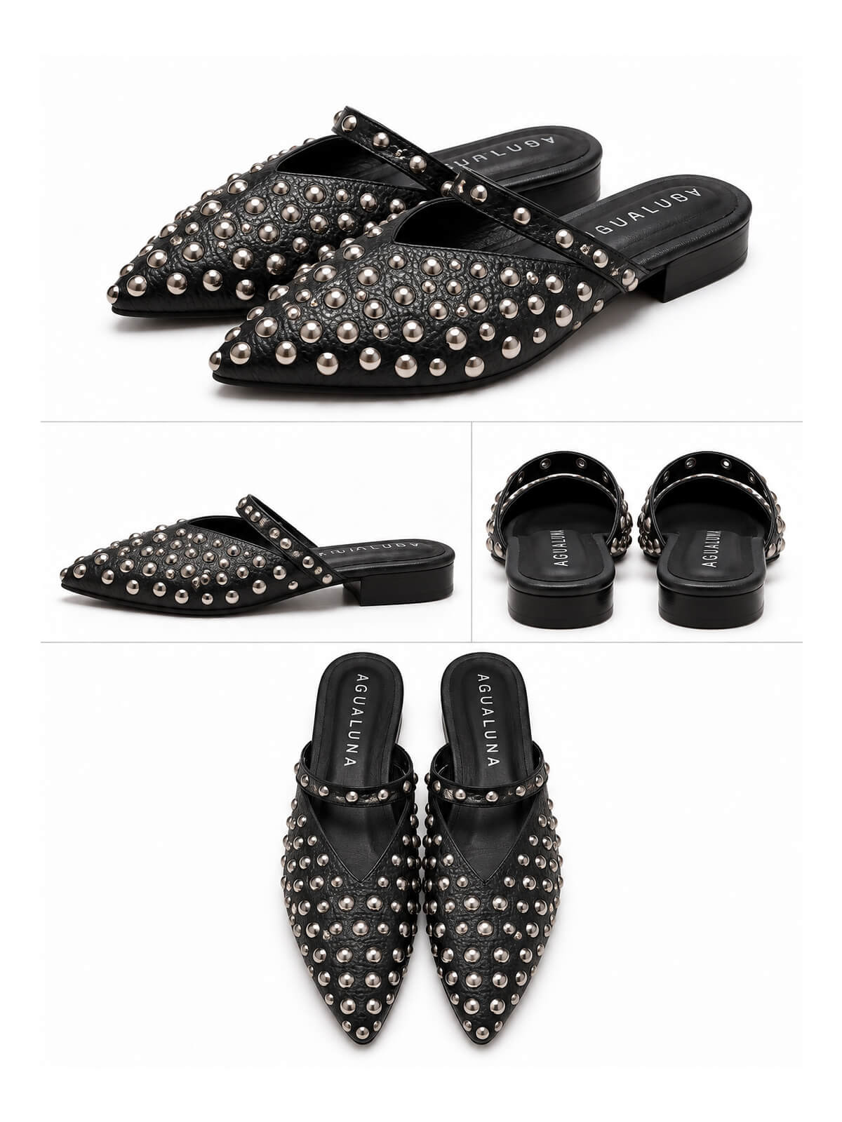 Baletas negras de tacón 2 1/2 con correa y detalles de taches para mujer.