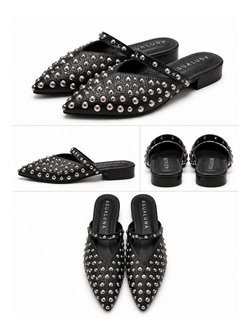 Baletas negras de tacón 2 1/2 con correa y detalles de taches para mujer.