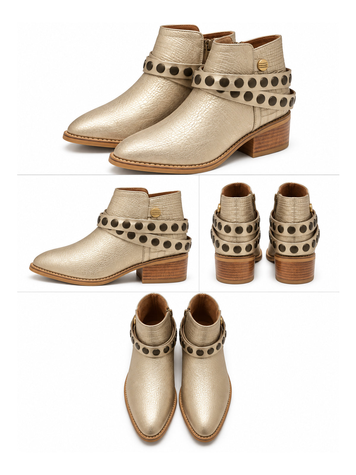 Botines dorados para mujer con correas, modelo Bruselas, ideales para un look moderno y sofisticado.