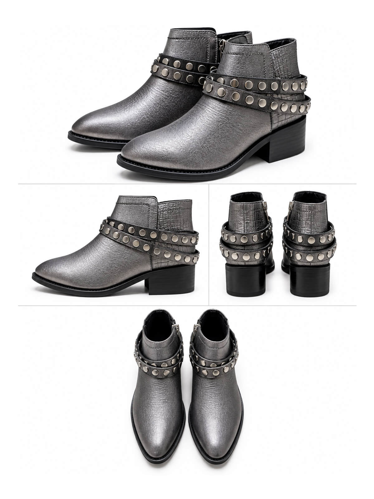 Botines color plomo para mujer con correas, modelo Bruselas, ideales para un look moderno y versátil.