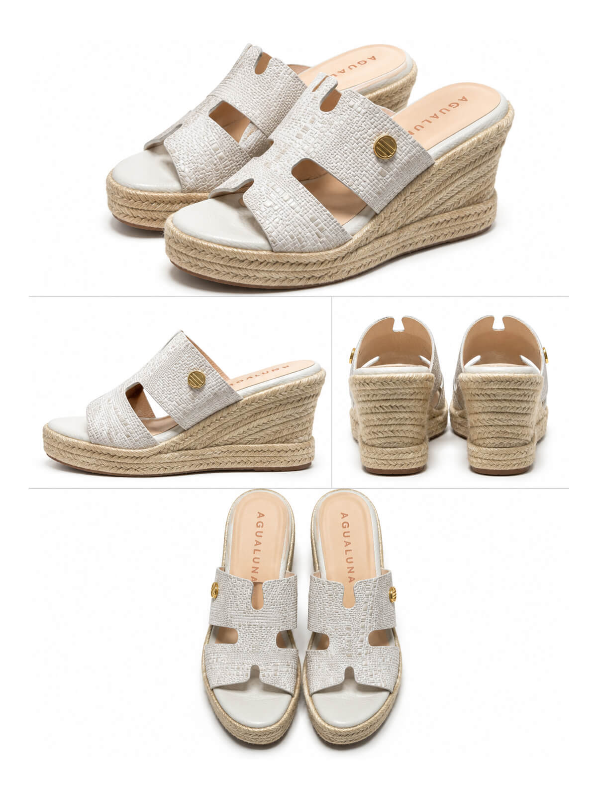 Plataformas blancas para mujer, modelo Celeste, con detalle en yute y altura de 5 1/2 cm, perfectas para complementar outfits modernos y frescos.