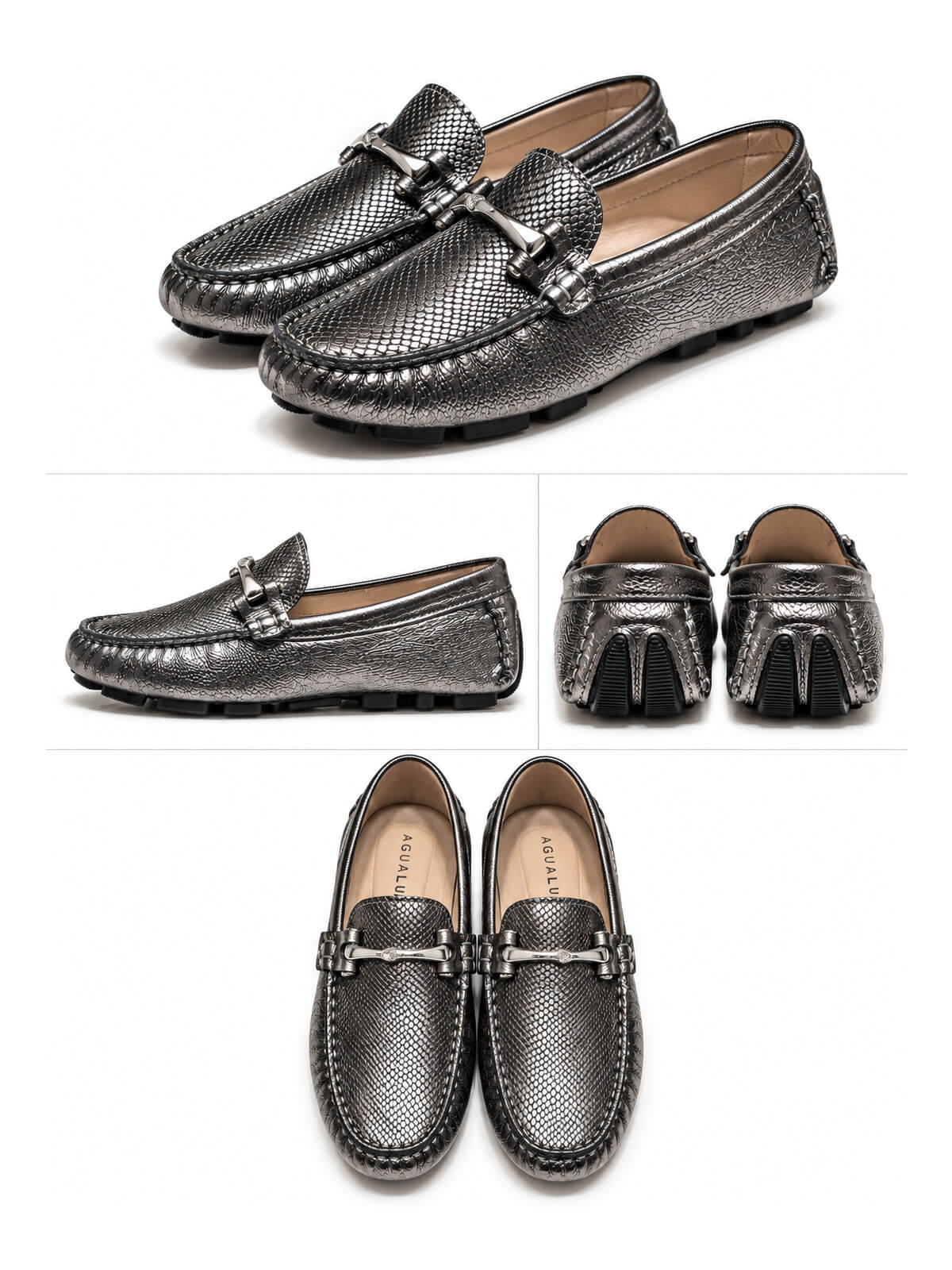 Mocasines tipo driver Amalfi color plomo para mujer, con diseño sin cordones, costuras decorativas y suela de tacos.