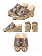 Sandalias de plataforma en tono bronce con acabado en yute, modelo Celeste, una opción versátil para outfits casuales y elegantes.