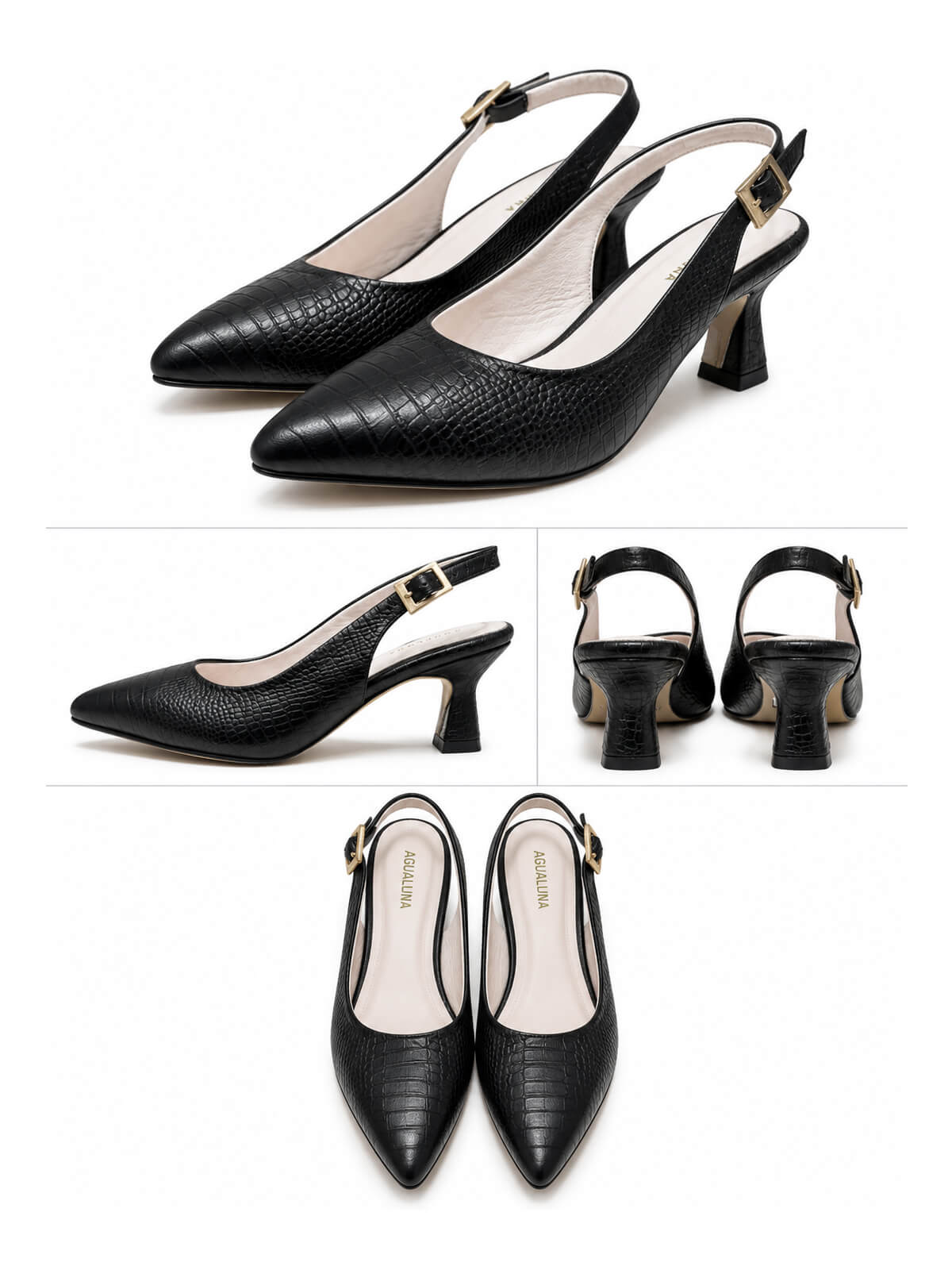 Zapatos femeninos negros de tacón bajo, estilo stiletto destalonado Diamantino, ideales para ocasiones especiales y looks sofisticados.