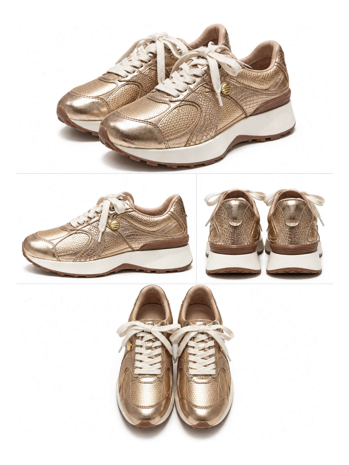 Tenis Cuero Bilbao dorado, calzado casual para mujer con combinación de texturas y estilo moderno.