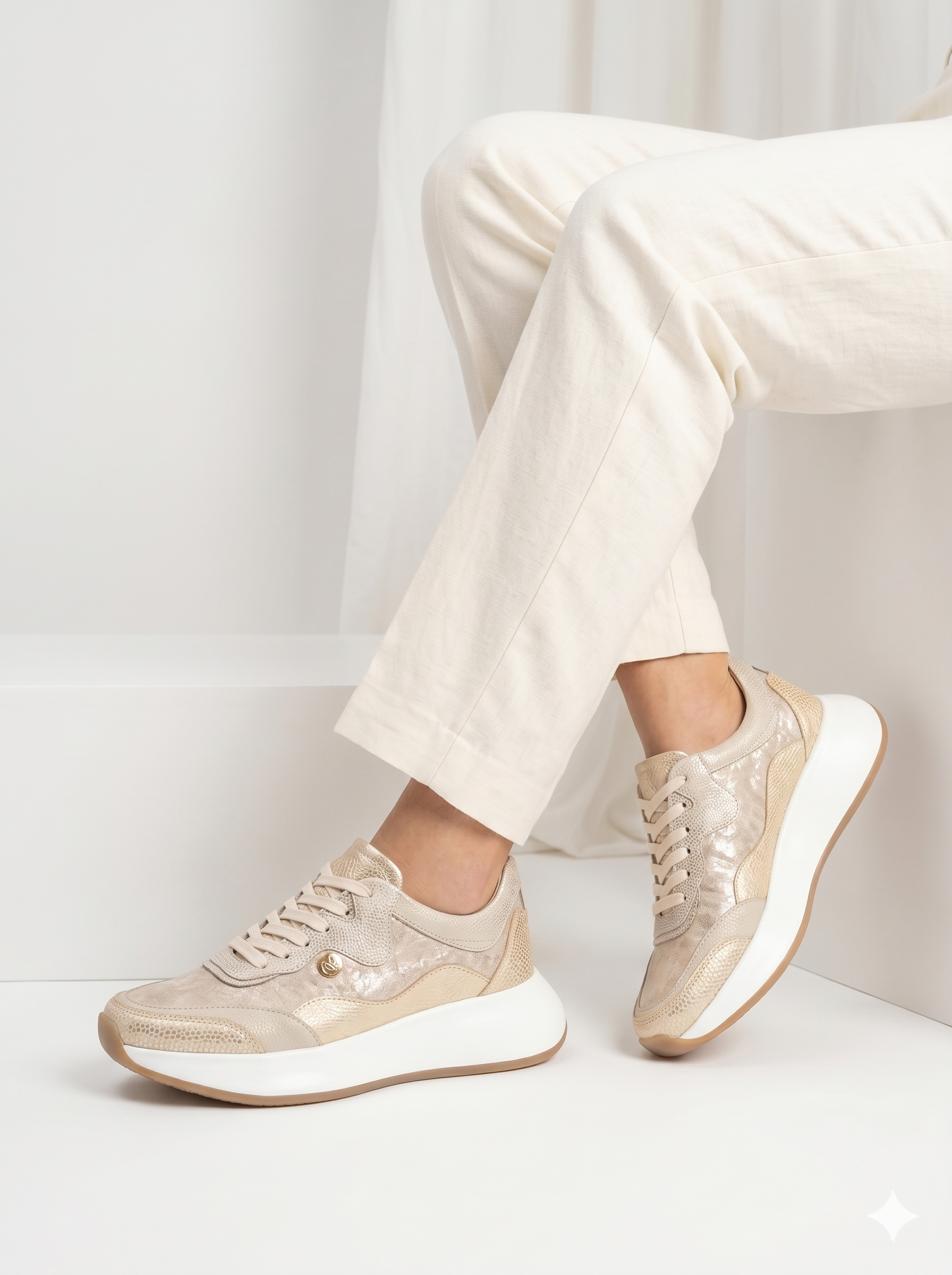 Tenis en cuero Dubai color dorado con estilo luxury urban para mujer