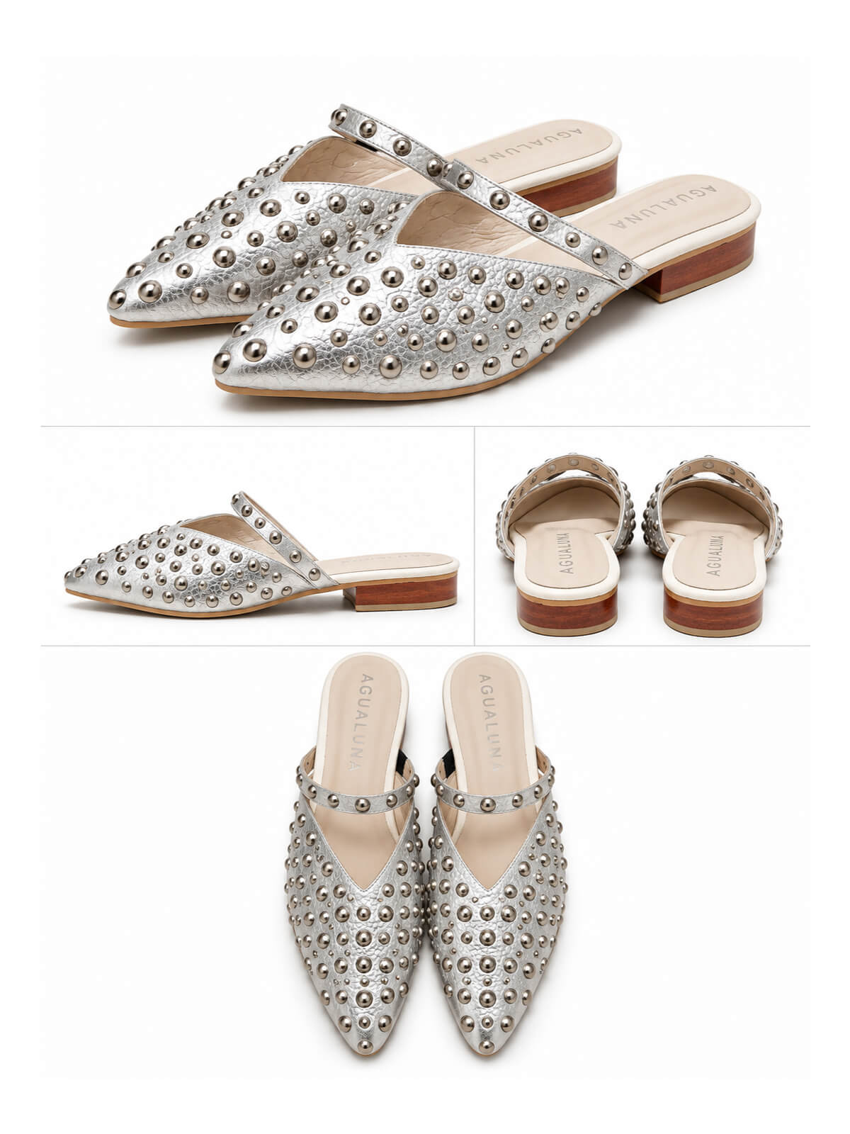 Zapatos plateados para mujer con tacón de 2 1/2 y correa decorativa con taches.