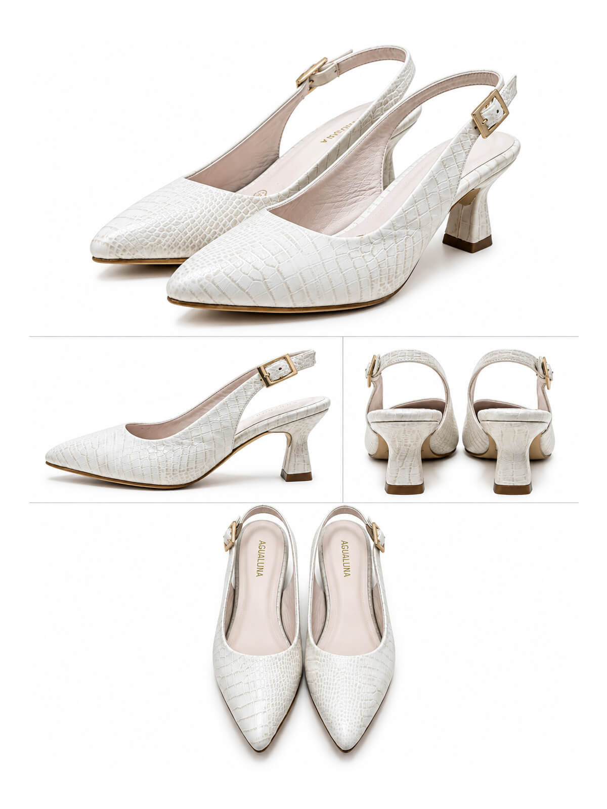 Zapatos femeninos blancos de tacón bajo, estilo stiletto destalonado, ideales para combinar con atuendos formales y casuales.