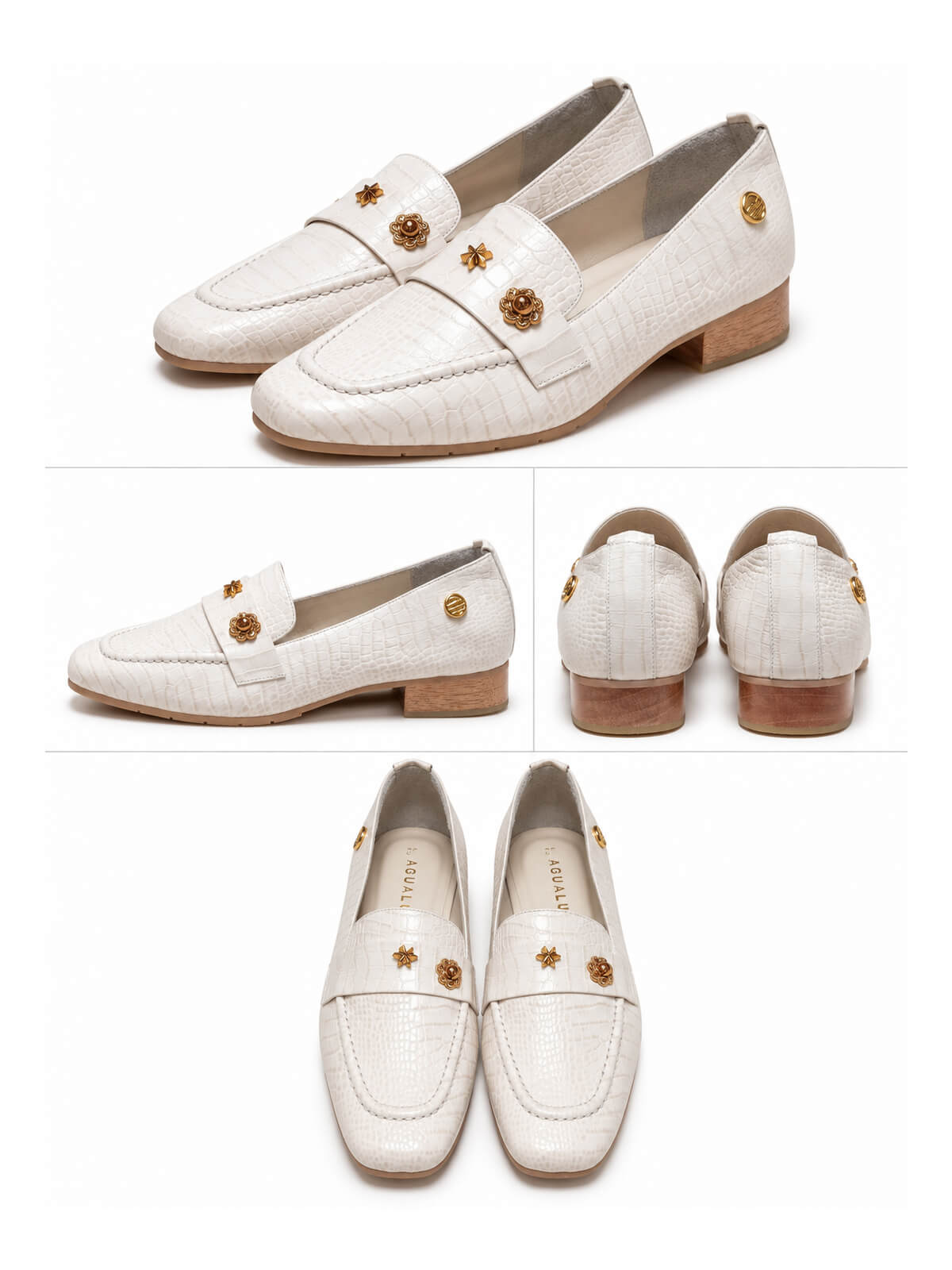 Zapatos tipo mocasín en tono hueso con antifaz y apliques, un diseño versátil para combinar con diferentes outfits.